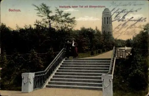 Ak Bochum im Ruhrgebiet, Stadtpark, neuer Teil mit Bismarckturm, Treppe, Menschen, Natur
