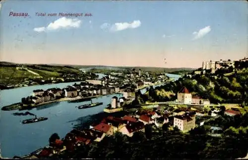 Ak Passau in Niederbayern, Panoramablick auf  Flüsse, Burgen, Häuser, Boote