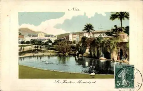 Ak Nice Nizza Alpes Maritimes, Gartenlandschaft, Palmen, Schwäne,  Gebäude