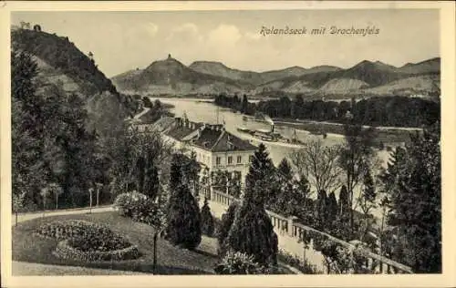 Ak Rolandseck Remagen am Rhein, Panoramaansicht, Drachenfels, vier Schiffe, Fluss, Berge