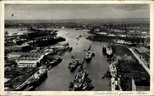 Ak Hamburg Mitte Altstadt, Schwarz-Weiß-Bild, Hafenansicht, zahlreiche Schiffe, Industrieanlagen