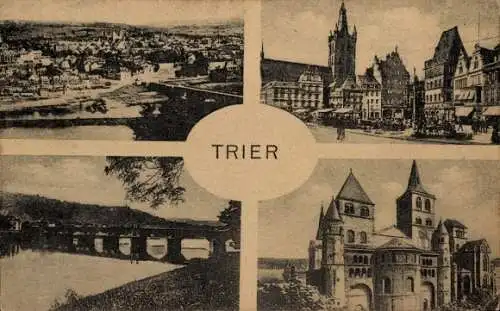 Ak Trier an der Mosel, Vierteiliges Bild von   Gebäude, Stadtansicht, Brücke