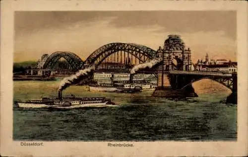 Ak Düsseldorf am Rhein, Rheinbrücke, Dampfschiffe