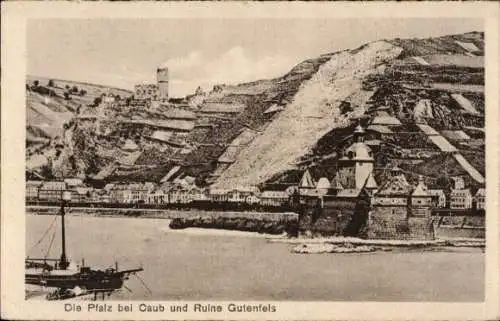 Ak Caub Kaub am Rhein, Schwarze Fotografie, Wasseransicht, alte Architektur, Weinberge, Ruine Gut