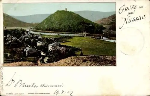 Ak Bad Nassau an der Lahn,  mit Landschaftsblick, Burgruine im Hintergrund, koloriert, Gruss aus 