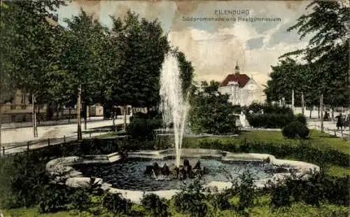 Ak Eilenburg an der Mulde, Brunnen, parkähnliche Anlage, Südpromenade, Realgymnasium, Grünanlagen