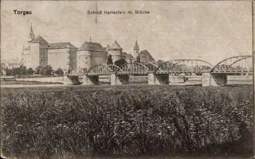 Ak Torgau an der Elbe, Schloss Harfenfels, Brücke,  Architektur, Flusslandschaft