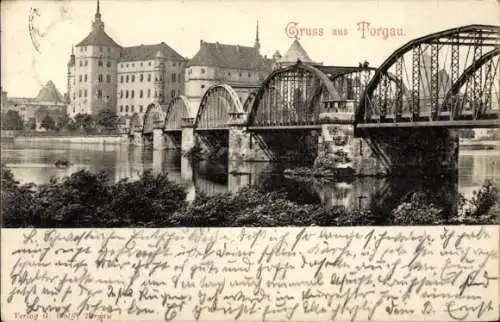 Ak Torgau an der Elbe, Brücke über den Fluss, s Gebäude im Hintergrund, Gruss aus Torgau