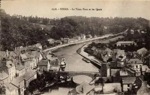 Ak Dinan Côtes-d’Armor, Aussicht auf alten Hafen, Brücke, Fluss, Häuser am Ufer