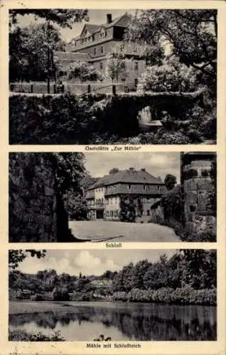 Ak Nedaschütz Doberschau Gaußig Oberlausitz, Gaststätte zur Mühle, Schloss, Mühle mit Schlossteich