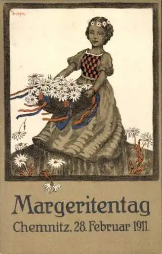 Künstler Ak Chemnitz in Sachsen, Margeritentag, 1911, Mädchen mit Blumenkorb