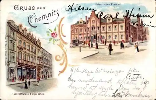 Litho Chemnitz Sachsen, Kaiserliches Postamt, Geschäftshaus Bargou Söhne