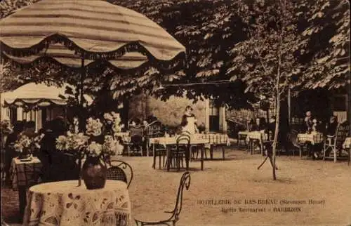 Ak Barbizon Seine et Marne, Außenbereich eines Restaurants, Blumen, Tische, Sonnenschirme, Kellne