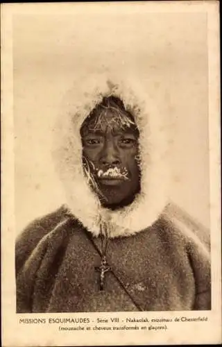 Ak Chesterfield Inlet Nunavut, Nakaolak, Missions Esquimaudes, Eskimo mit Kreuzkette, vereister Bart