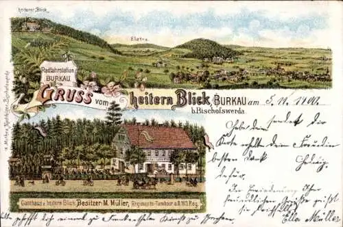 Litho Burkau bei Bischofswerda in Sachsen, Gasthaus 'Heiterer Blick', Inh. M. Müller