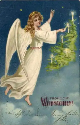 Ak Frohe Weihnachten, Engel mit Kerzen und Tannenbaum