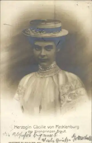 Ak Herzogin Cäcilie von Mecklenburg, des Kronprinzen Braut