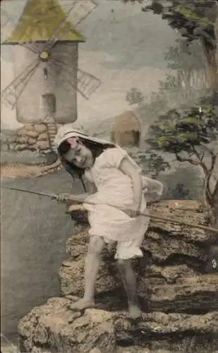 Ak Mädchen mit Angelrute steht vor einer Mühle
