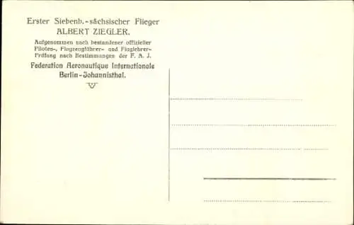 Ak Erster Siebenb.-sächsischer Flieger Albert Ziegler, Portrait