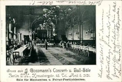 Ak Berlin, J. Gossmann Konzert u. Ballsäle, Kreuzbergstraße 48, Inneres, Tischreihen, Gäste, Kellner