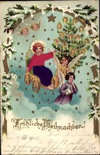 Präge Litho Glückwunsch Weihnachten, Engel, Tannenbaum