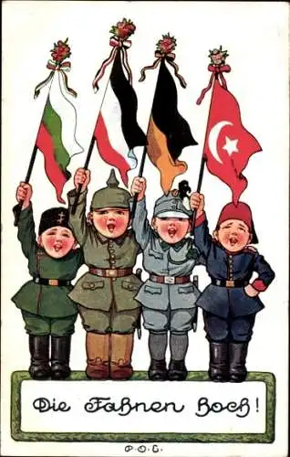Künstler Ak Engelhard, P.O.E., Die Fahnen hoch, Deutschland, Türkei, Österreich