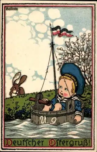 Künstler Ak Kallista, Glückwunsch Ostern, Junge im Eimer, Fahne, Osterhase