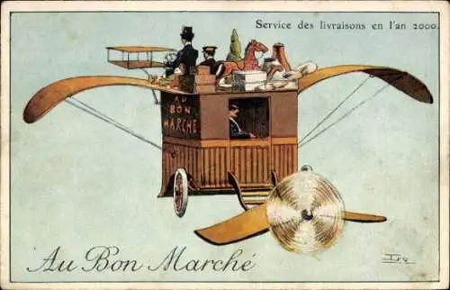 Zukunft Ak Service des livraisons en l'an 2000, Lieferdienst, Flugzeug, Au Bon Marché, Paris,Reklame