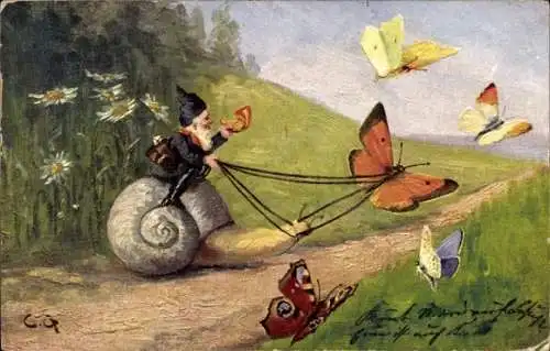 Künstler Ak Glückwunsch Pfingsten, Zwerg, Schnecke, Schmetterlinge