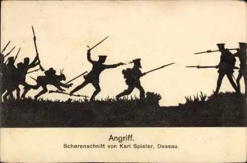 Scherenschnitt Künstler Ak Spieler, K., Angriff, Soldaten, Schlacht