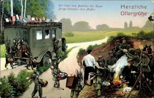 Ak Glückwunsch Ostern, Osterhasen liefern deutschen Soldaten Ostereier