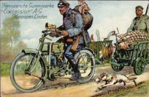 Künstler Ak Schütz, H., Hannoversche Gummiwerke Excelsior AG, Hannover Linden, Motorrad, Schwein