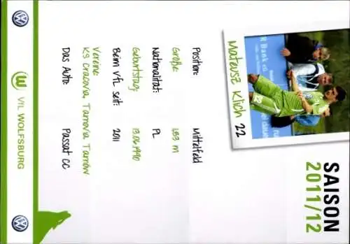 Autogrammkarte Fußballer Mateusz Klich, VfL Wolfsburg, Autogramm