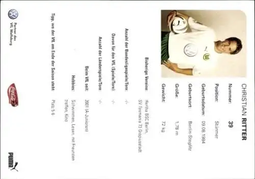 Autogrammkarte Fußballer Christian Ritter, VfL Wolfsburg, Autogramm