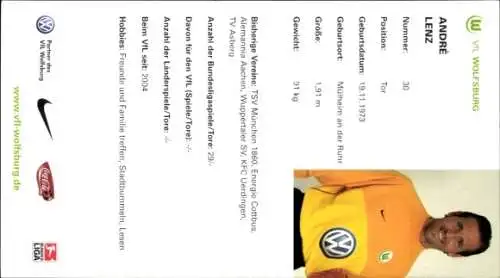 Autogrammkarte Fußballer André Lenz, VfL Wolfsburg, Autogramm