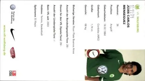 Autogrammkarte Fußballer Juan C. Meneguez, VfL Wolfsburg, Autogramm