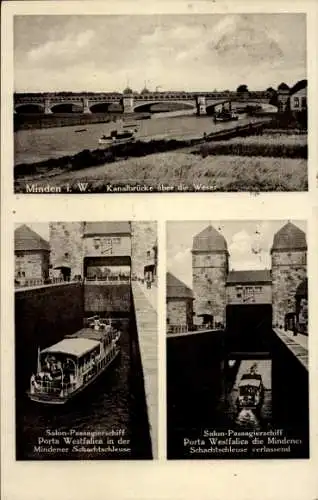 Ak Minden in Westfalen, Kanalbrücke, Salon Passagierschiff Porta Westfalica, Schachtschleuse