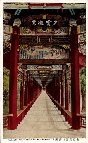 Ak Beijing Peking China, Sommerpalast, lange Halle, chinesische Architektur