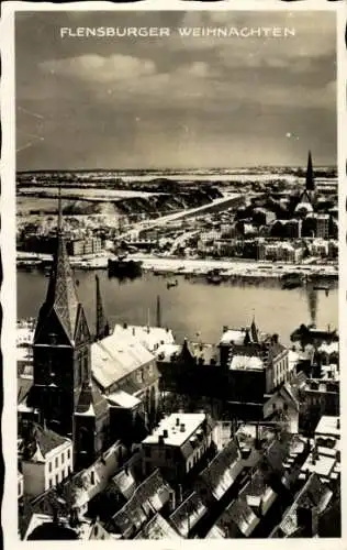 Ak Flensburg in Schleswig Holstein, Verschneite Stadtansicht, Flensburger Weihnachtsmarkt, Kirche