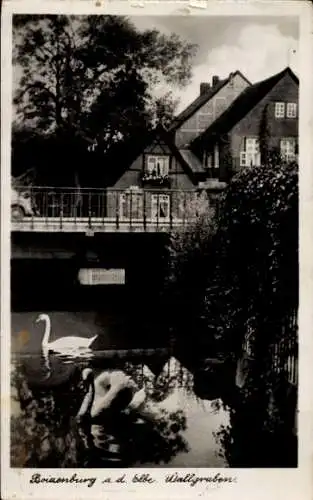 Ak Boizenburg an der Elbe, Schwäne im Wasser, Häuser, Brücke, idyllische Landschaft