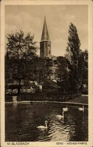 Ak Mönchengladbach am Niederrhein, Kirche, Weiher mit Schwänen, Bäume, sepia Töne