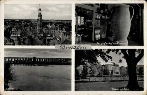 Ak Bolesławiec Bunzlau Schlesien, Viadukt, großer Topf im Museum, Markt, Odeon mit Teich
