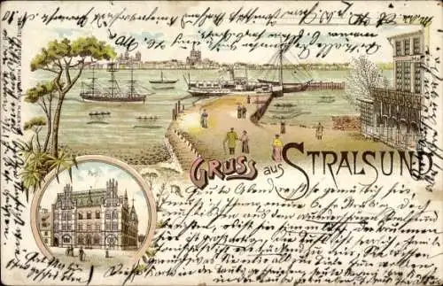 Litho Stralsund in Vorpommern, Panorama, Dampfer, Segelschiff, Post