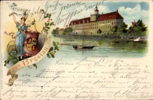 Wappen Litho Wrocław Breslau Schlesien, Universität, Uferpartie