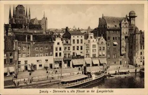 Ak Gdańsk Danzig, Sternwarte, Alte Häuser an der Langenbrücke, St. Marienkirche