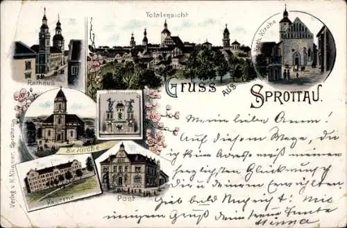 Ak Szprotawa Sprottau Schlesien, Gesamtansicht, Rathaus, Kirche, Kaserne, Post