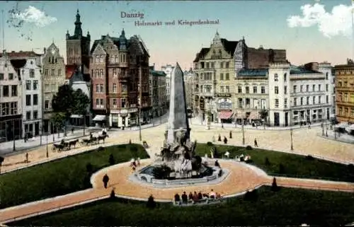 Ak Gdańsk Danzig, Holzmarkt und Kriegerdenkmal, Geschäftshäuser