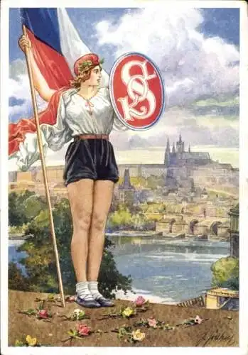 Künstler Ak Praha Prag Tschechien, Turnfest, Blick zur Stadt