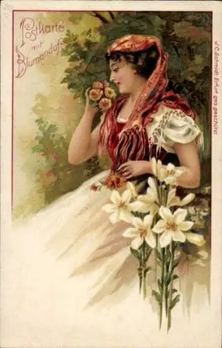 Litho Frau mit Kopftuch, Lilien