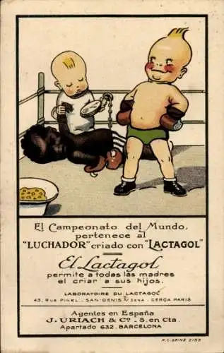 Künstler Ak El Campeonato del Mundo, bestehend aus „LUCHADOR“ mit „LACTAGOL“, Kinder im Boxring